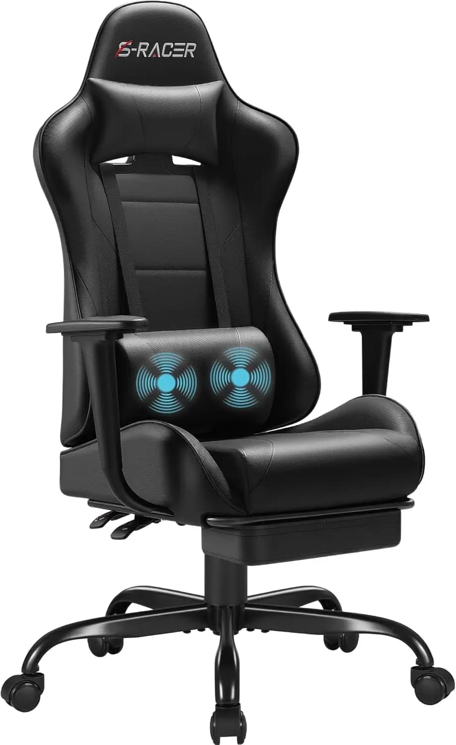 Sedia da gaming con poggiapiedi, supporto lombare massaggiante, altezza regolabile, poggiatesta e sedile girevole in nero