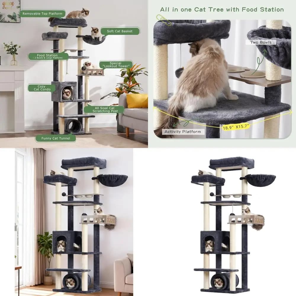 Albero per Gatti da Interno Alto con Tunnel, Cuccia, Piattaforma, Tiragraffi e Amaca in Grigio Fumo
