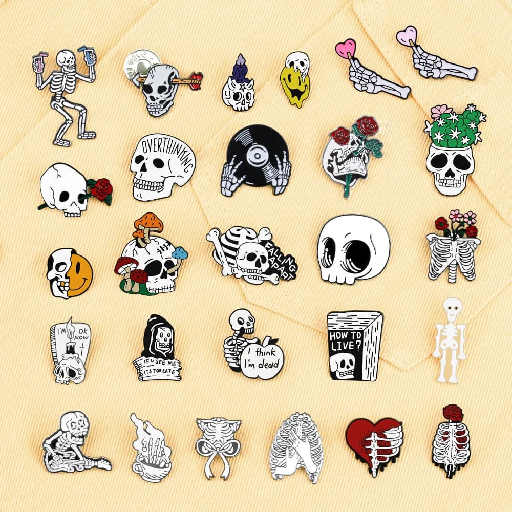 Altri stili Halloween Day Punk Scheletro Smalto Pin Donna Uomo Fiore rosa Teschio Spille Metallo Jean Cappotto Spilla Distintivo Gioielli