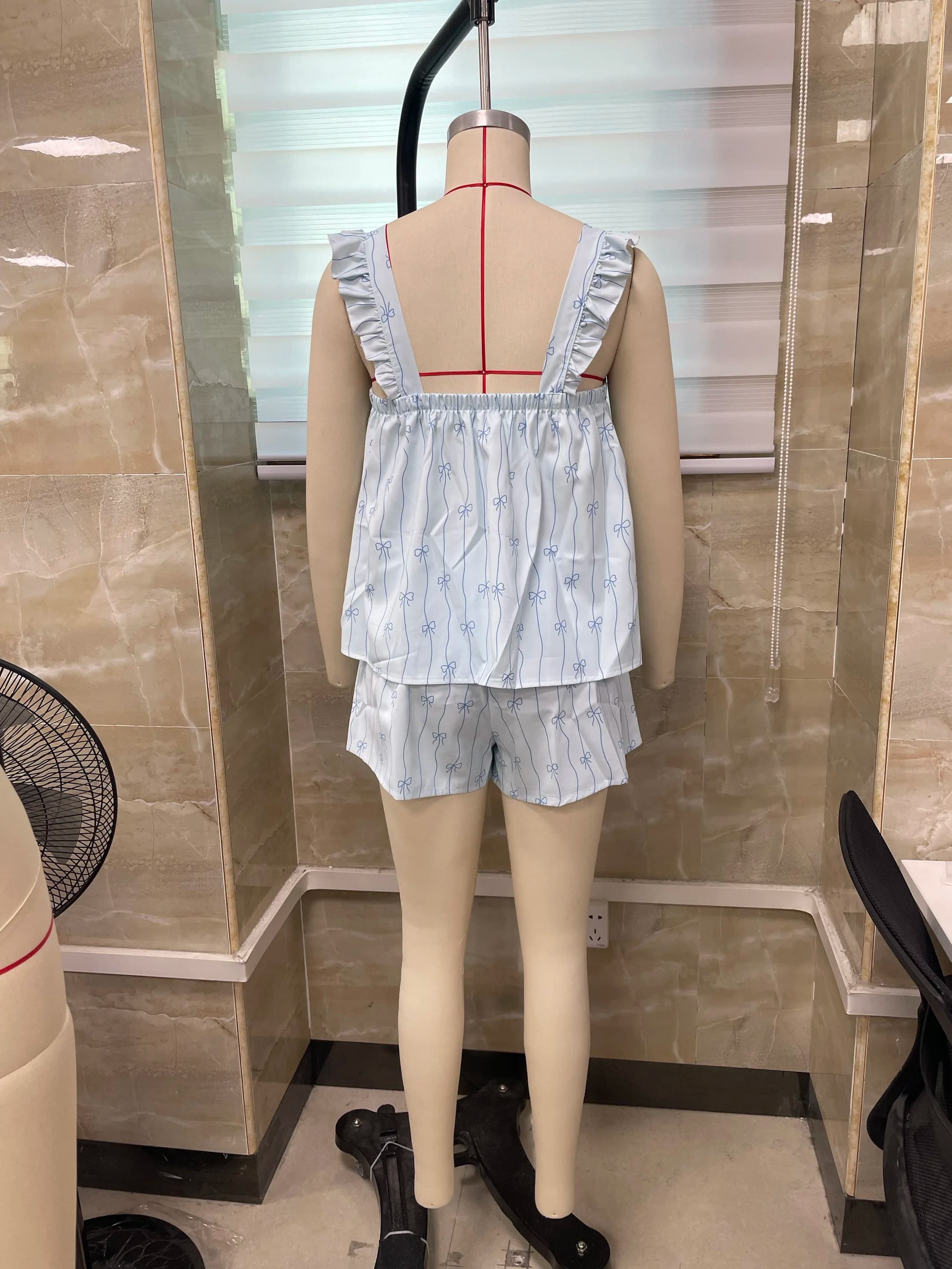 Women's Summer Pajamas Set Stylish Bow Print Ruffled Trim Camisole Tops with Wide Leg Shorts 2 Pcs Set