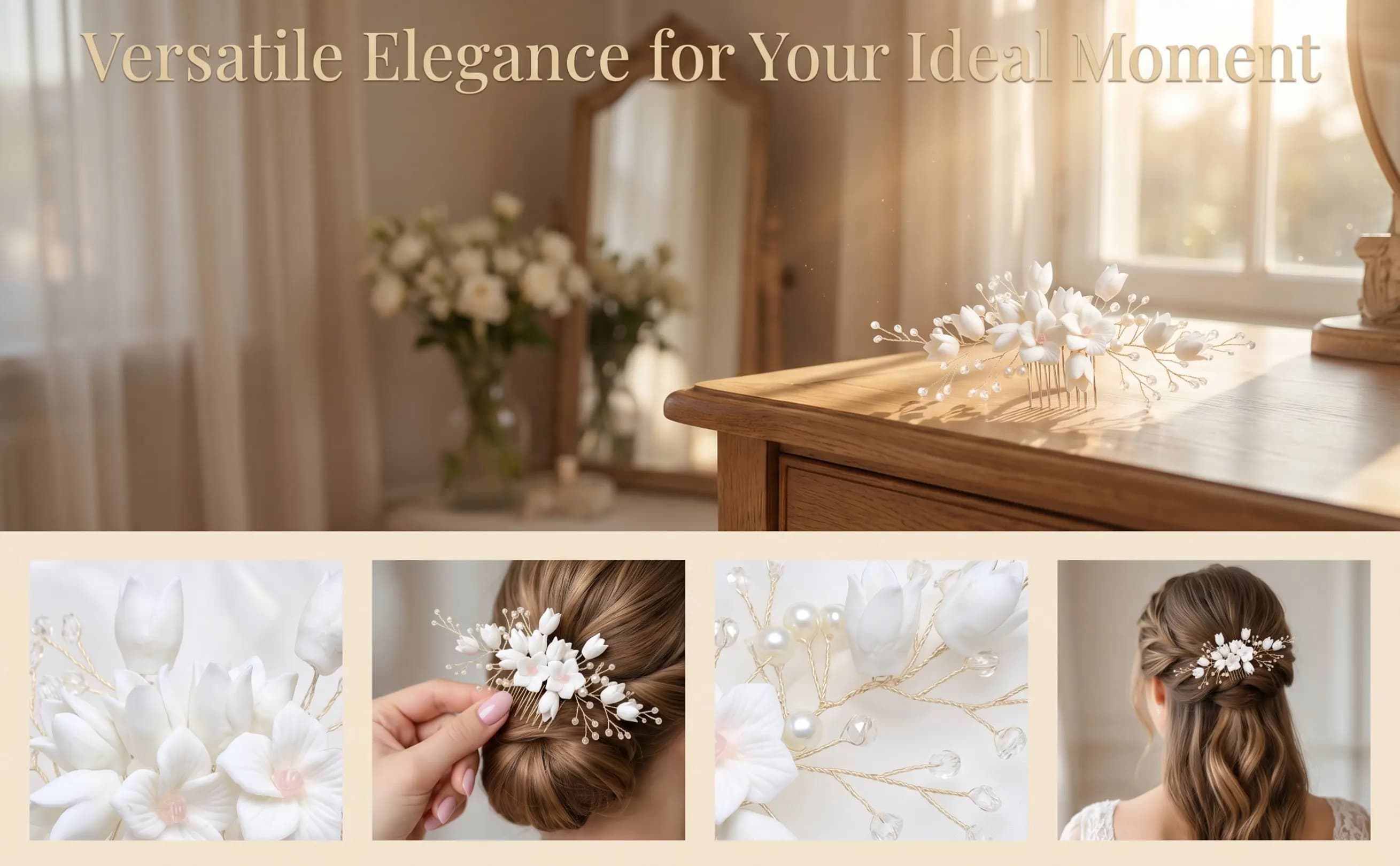 White Bridal Hair Comb Handmade Polymer Clay Flower Pearl Crystal Beads Wedding Headpiece Bride Insert Comb Women Hairpin