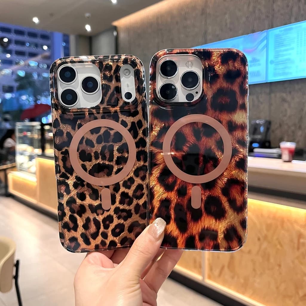 Custodia per telefono con ricarica wireless magnetica con stampa leopardata dolce e lucida avanzata per iPhone 17 16 15 14 13 Pro Max Plus Air