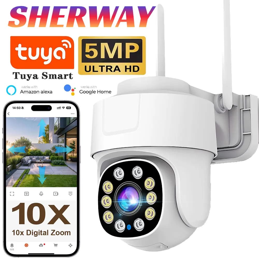 Telecamera IP WiFi Tuya 5MP per Esterni/Interni, Zoom PTZ 10X, Telecamere di Sicurezza Wireless, Compatibile con Alexa/Google