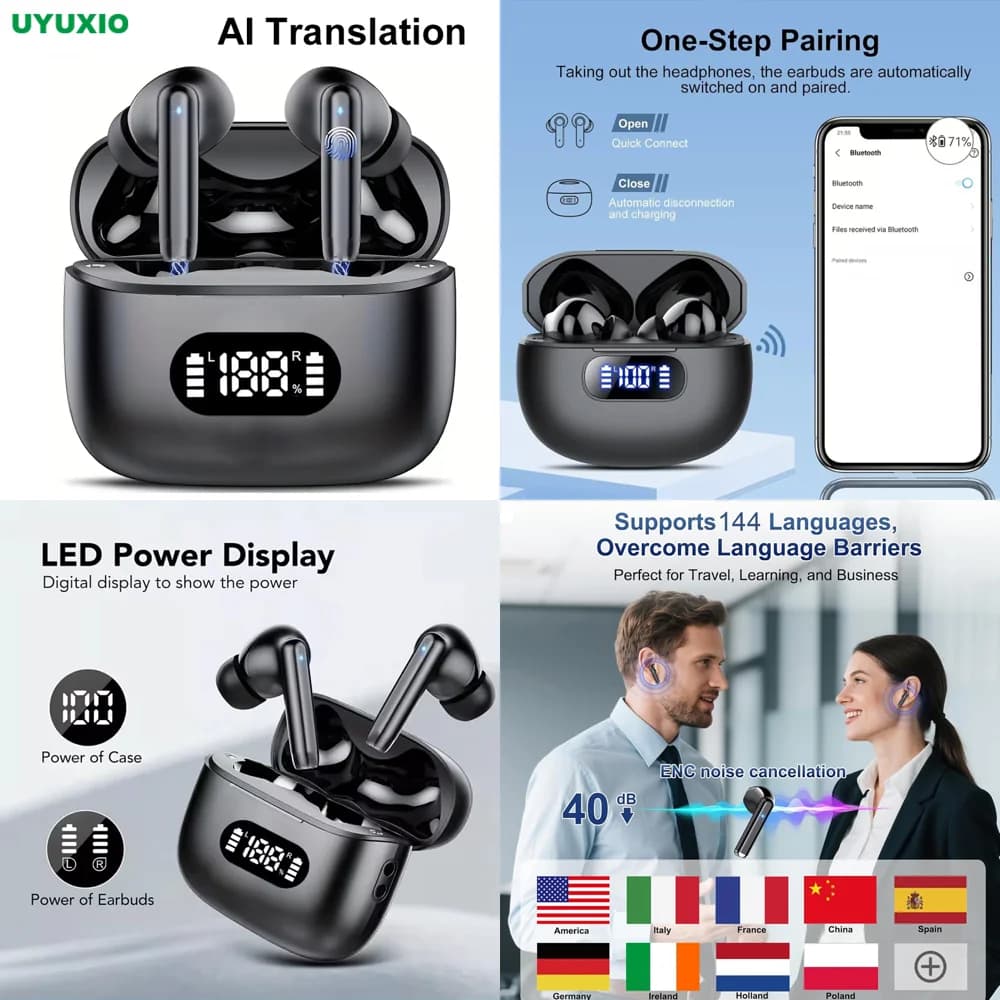 Auricolari Wireless per Viaggi con Traduzione AI in Tempo Reale, 144 Lingue Online, Prodotto di Tendenza