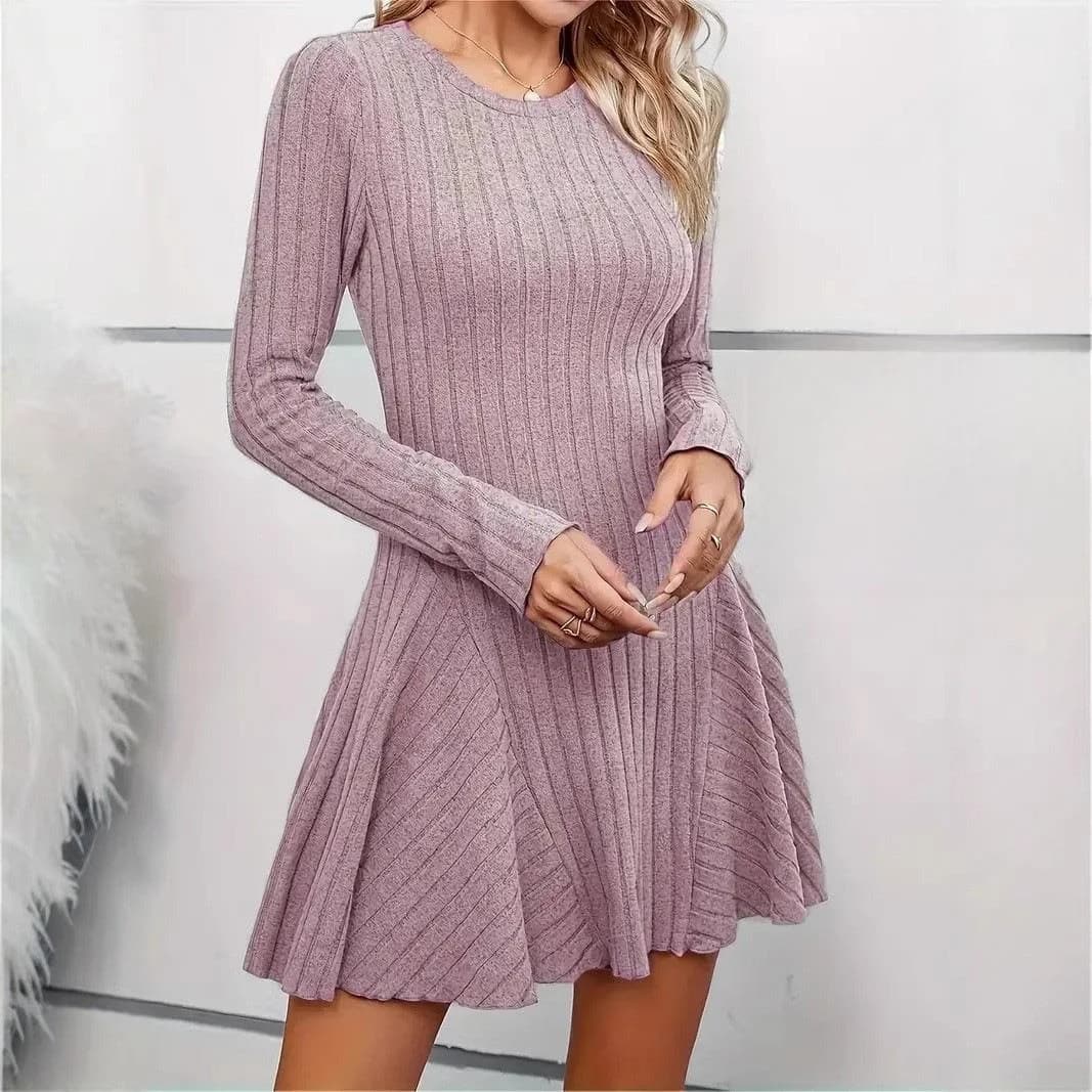 Elegante Abito Corto Lavorato a Maglia con Scollo a V e Maniche Lunghe, Stile Casual, in Cotone, con Maniche a Principessa, Tendenza Moda Primavera 2025
