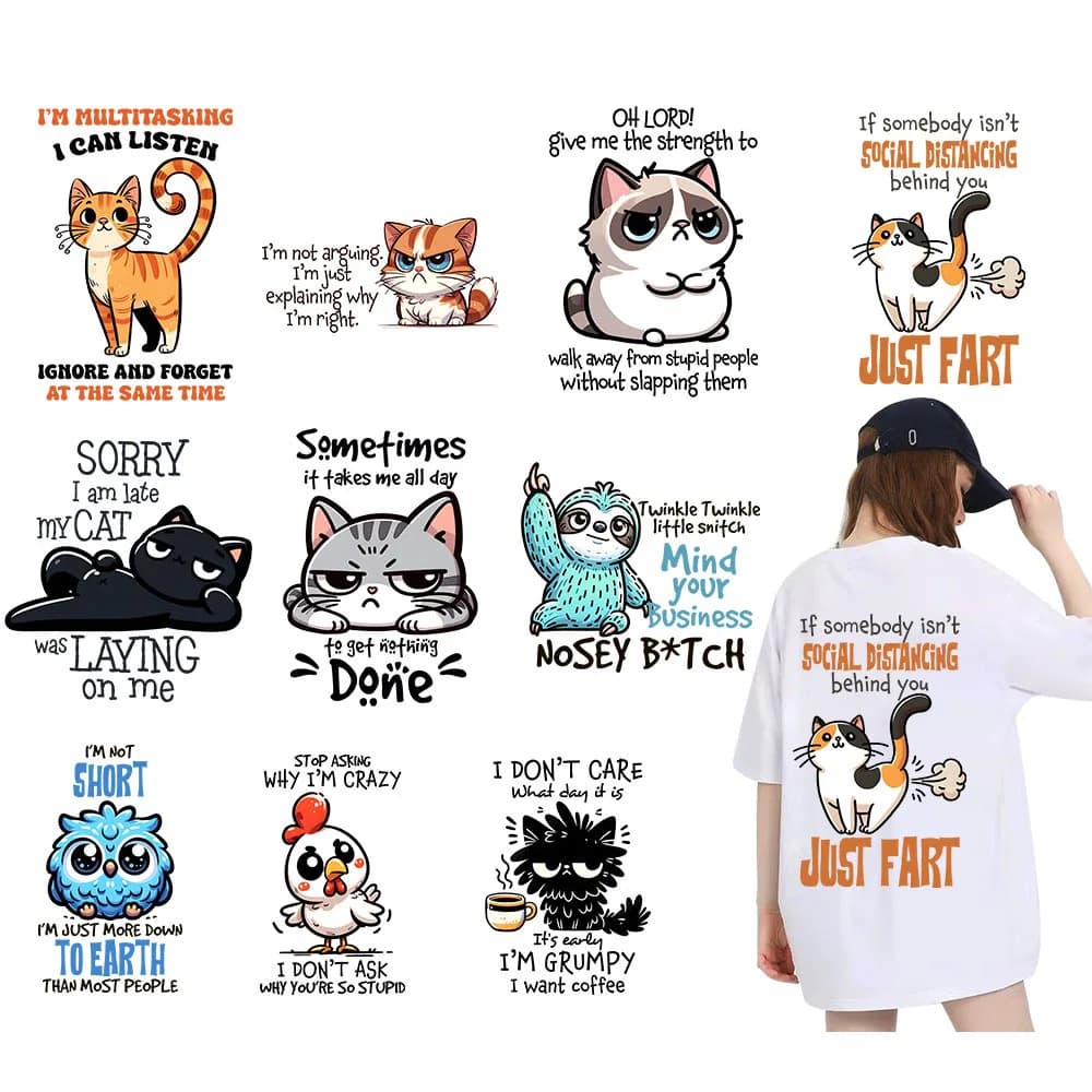 2 pezzi simpatico gatto cartone animato lettere animali DTF adesivo termico decalcomanie trasferimento di calore vestiti abbigliamento artigianato accessori fai da te borse per cuscini