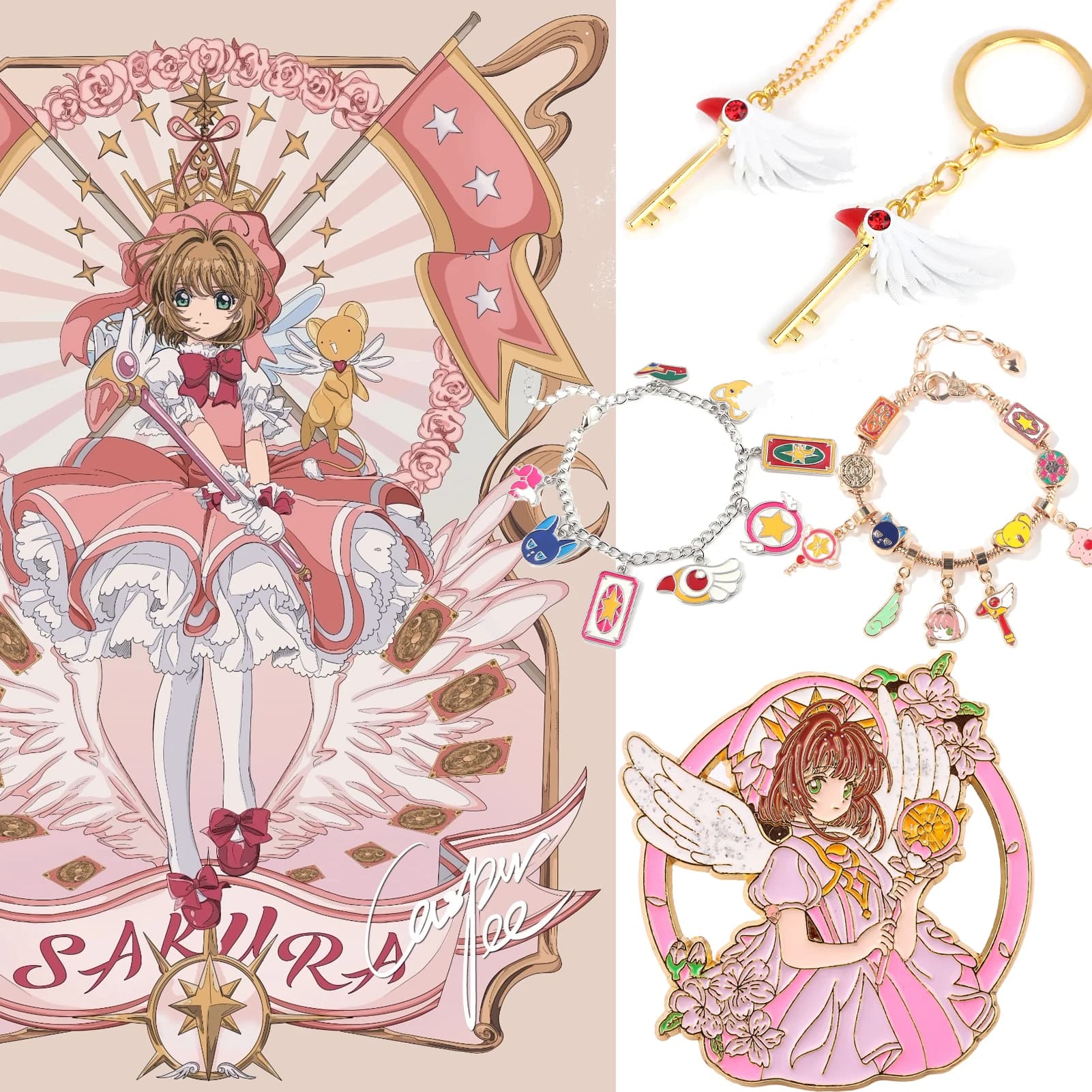 Collana Choker Anime Cartoon Card Captor Sakura, Ciondolo Cardcaptor Sakura, Braccialetto con Bacchetta Sigillante KINOMOTO, Spille in Smalto per Donna