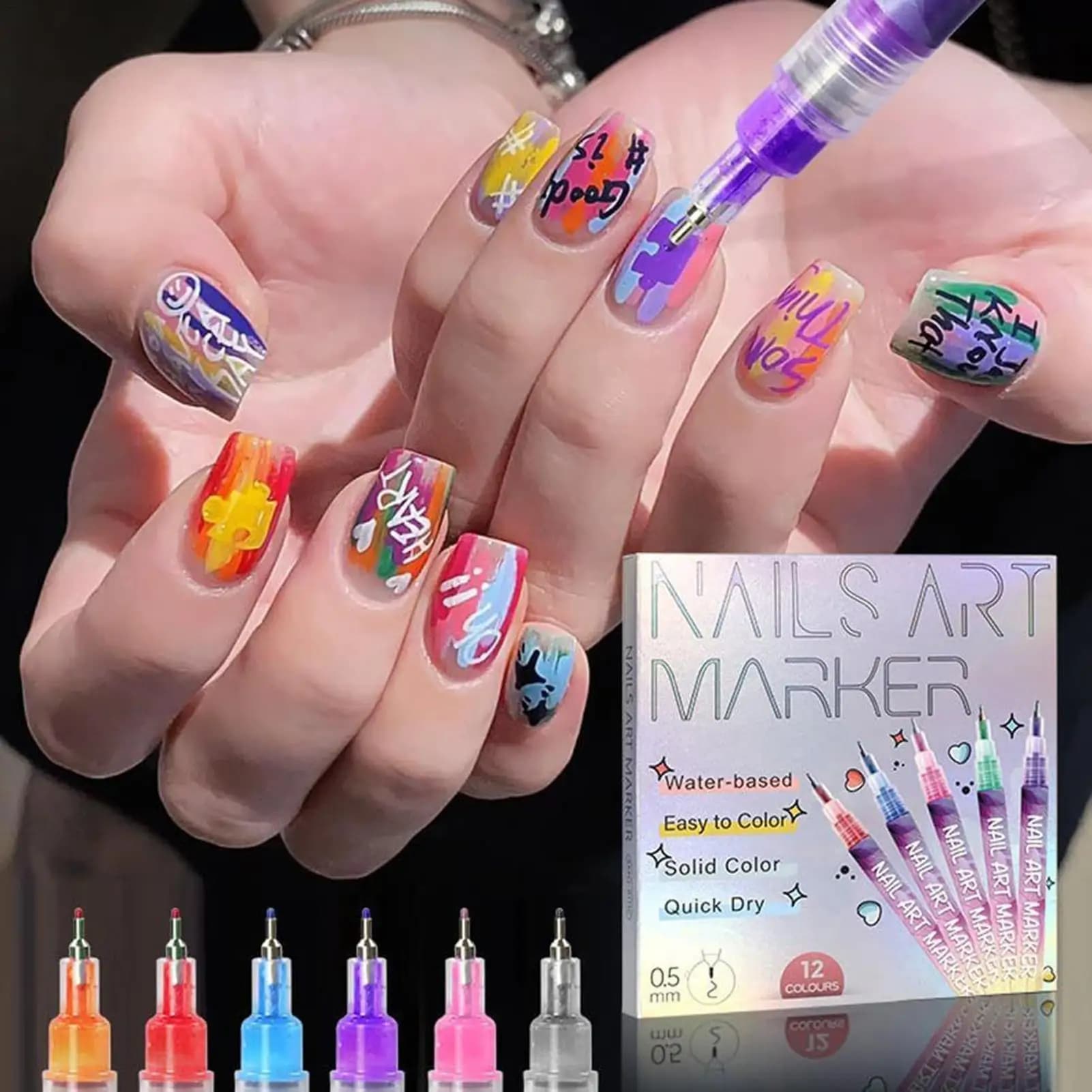 12PCS Kit penne per smalto per unghie Pennarelli professionali per unghie artistiche 0,5mm Fodera per pittura gel ad asciugatura rapida impermeabile per salone di manicure fai da te