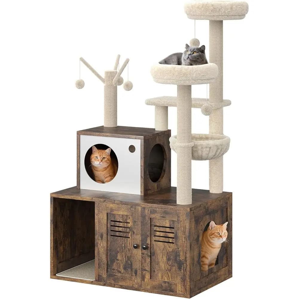 Mobiletto per lettiera per gatti con torre e casetta, WC nascosto per animali domestici con piantana in sisal, amache e tappetino in peluche