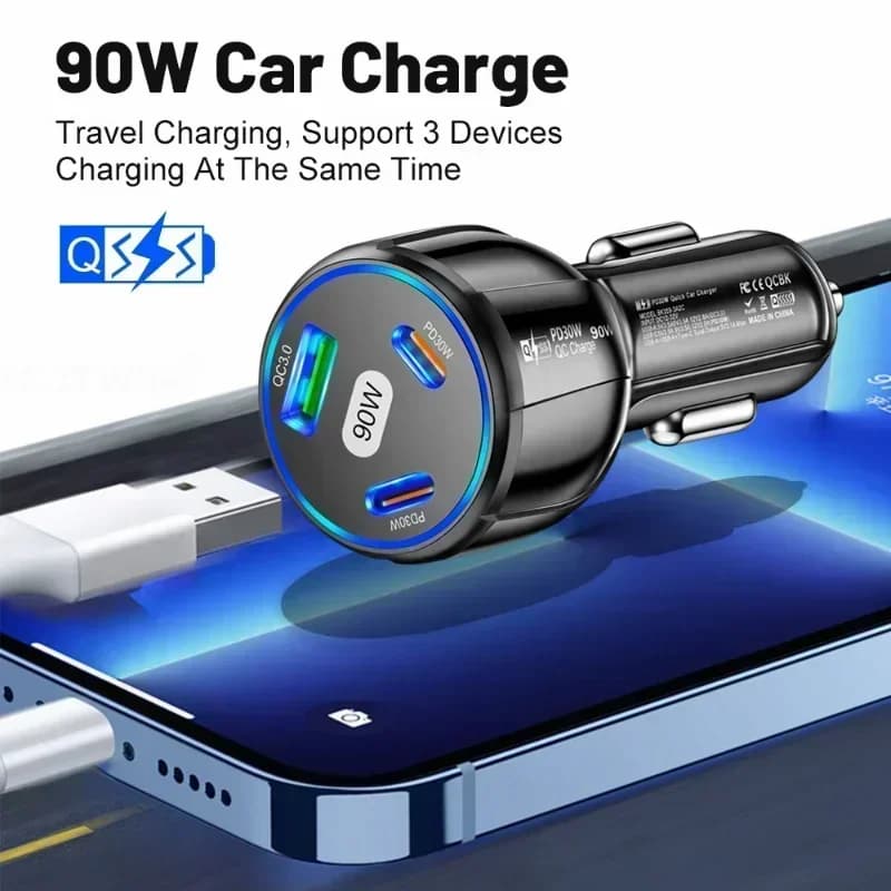 Caricabatterie per Auto 3-in-1 da 90W, QC3.0 PD Tipo C USB, Ricarica Rapida per Telefoni Cellulari iPhone Xiaomi Samsung, Adattatore Caricatore Veloce per Auto