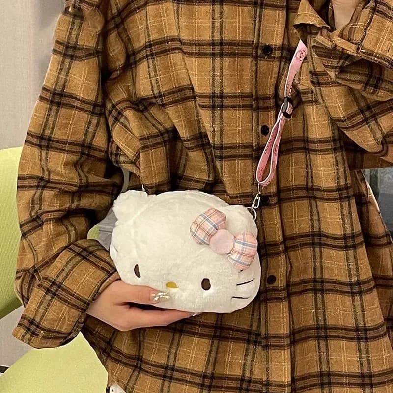 Borsa a tracolla con fiocco Hello Kitty Borsa a tracolla in peluche Kawaii Regalo di moda carino per donne Ragazze Bambini Borsa per gatti KT bianca