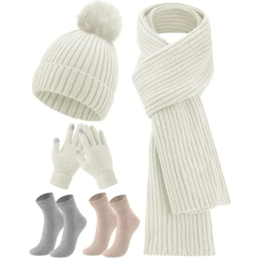SATINIOR Set Invernale 5 Pezzi: Berretto, Sciarpa, Guanti Touchscreen e Calzini Spessi, in Maglia Foderata in Pile, per Uomo e Donna