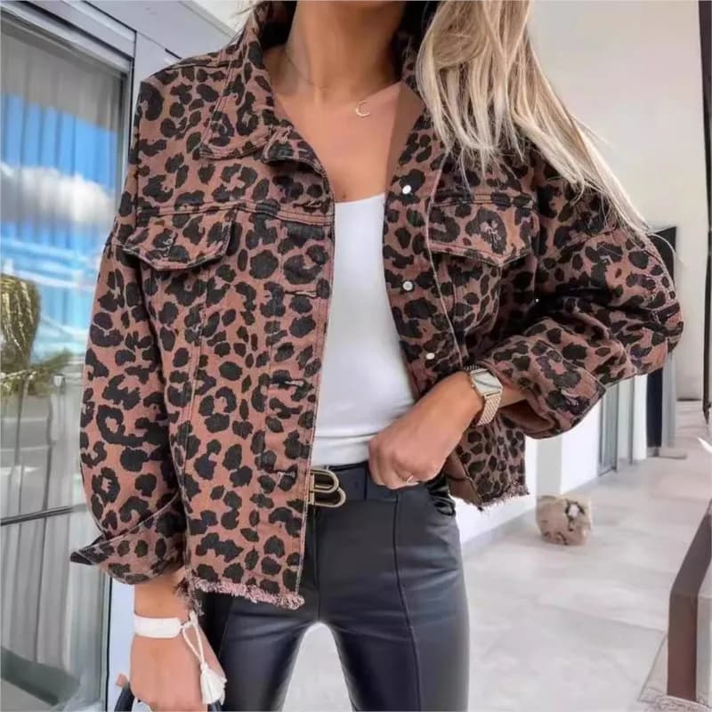 Cappotto di jeans leopardato vintage primavera autunno per donna Nuova giacca femminile stile alla moda e alla moda Capispalla jeans con stampa leopardata
