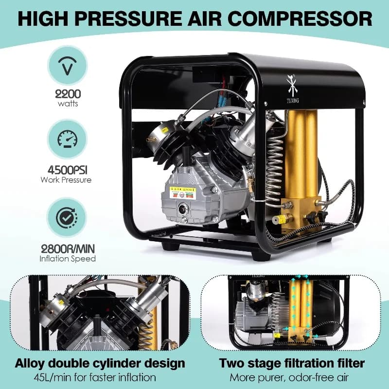 Compressore d'Aria per Snorkeling e Paintball con Doppio Cilindro 300Bar/4500Psi, Filtro Integrato e Separatore Acqua-Olio, Vendita all'Ingrosso