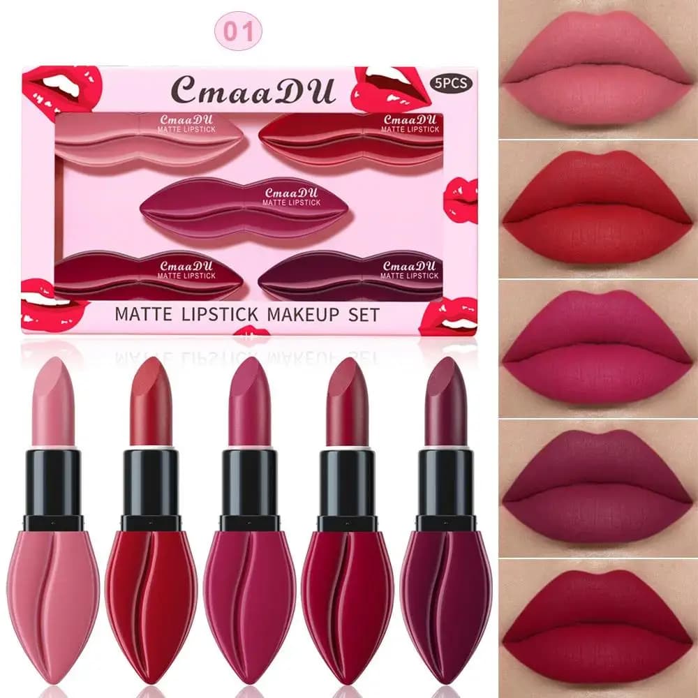 Set di rossetti opachi da 5 pezzi Kit per trucco labbra impermeabile vellutato liscio a lunga durata ad alto pigmento con elegante confezione regalo