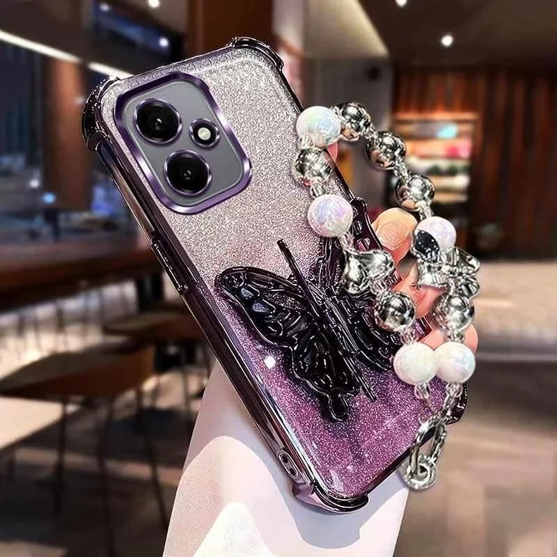 Custodia per telefono con supporto a farfalla e braccialetto di perle per Infinix Smart 10 Plus 20 9 8 HD Pro Hot 60 Pro Plus 60i, cover antiurto glitterata