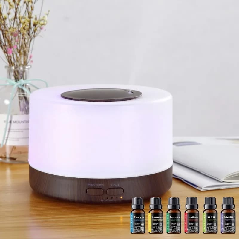 Diffusore per la casa 【6 oli inclusi】 Diffusore di oli essenziali ad ultrasuoni da 500 ml Umidificatore in legno con telecomando con umore a 7 LED