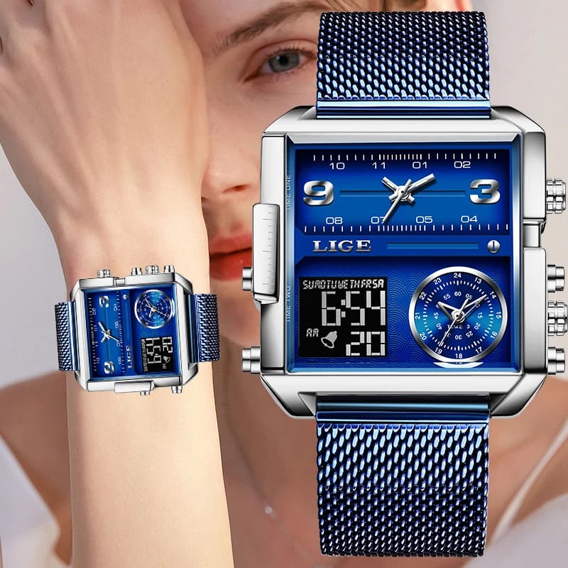LIGE Women's Watch Dual Dial Quartz wristwatch Waterproof LED clock Ladies Watch creative luxury Watch for Women reloj de mujer