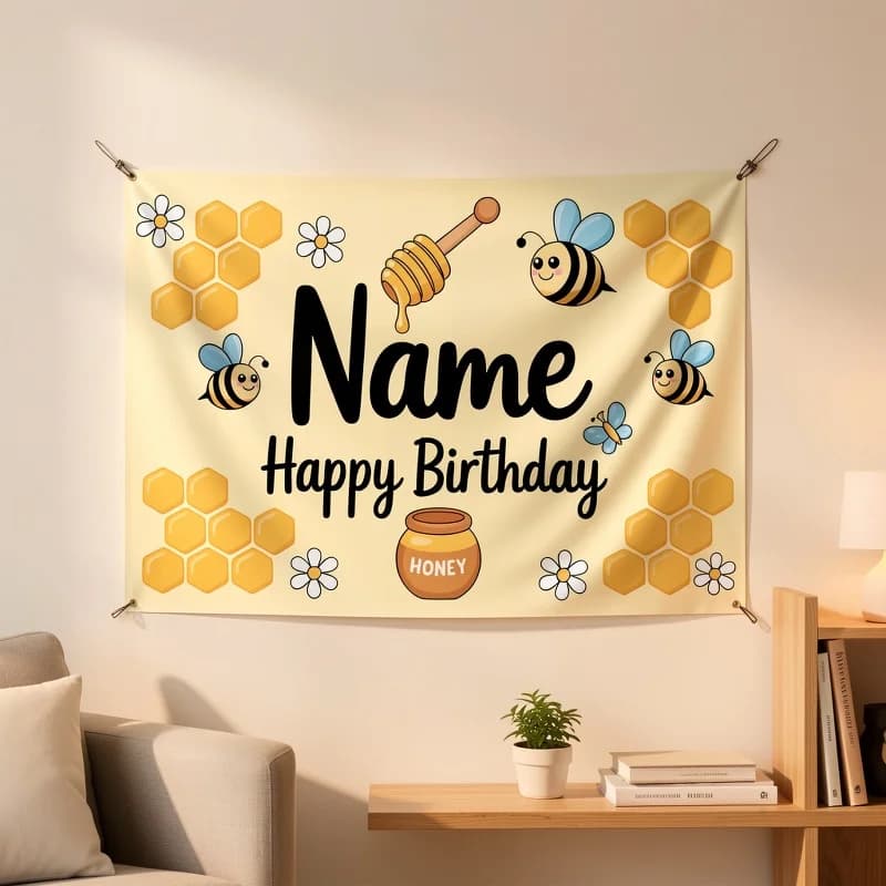 1pc Customizable Happy Birthday Bee Themed Banner Tapestry, Cute Honeycomb Hanging Wall Decor for Party Backdrop