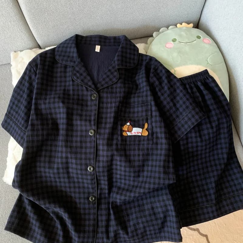Pigiama carino moda dolce cane ricamo set per donna pigiama scozzese con risvolto elastico in vita design corto nuovo indumenti da notte casual