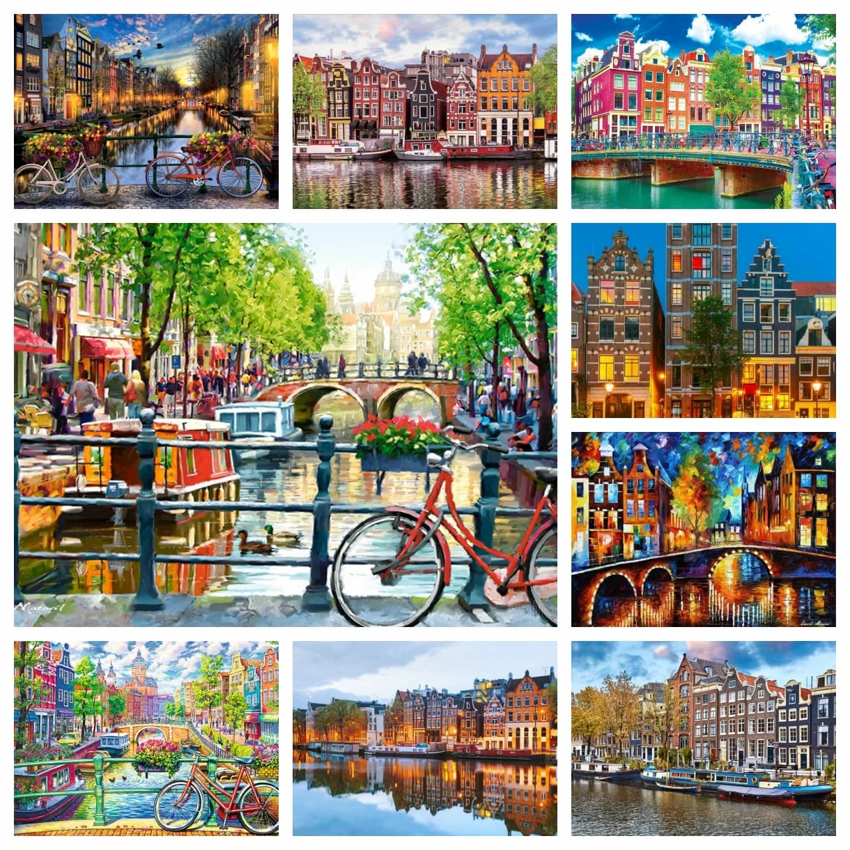 Dipinto Diamante 5D Paesaggio Urbano al Tramonto di Amsterdam, Paesi Bassi, Ponte Classico e Canali, Decorazione a Punto Croce