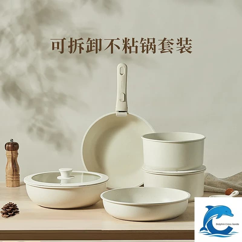 Suitable for Detachable Handle Ceramic Nonstick Cookware Set, Household Wok Fry Steamer Pan