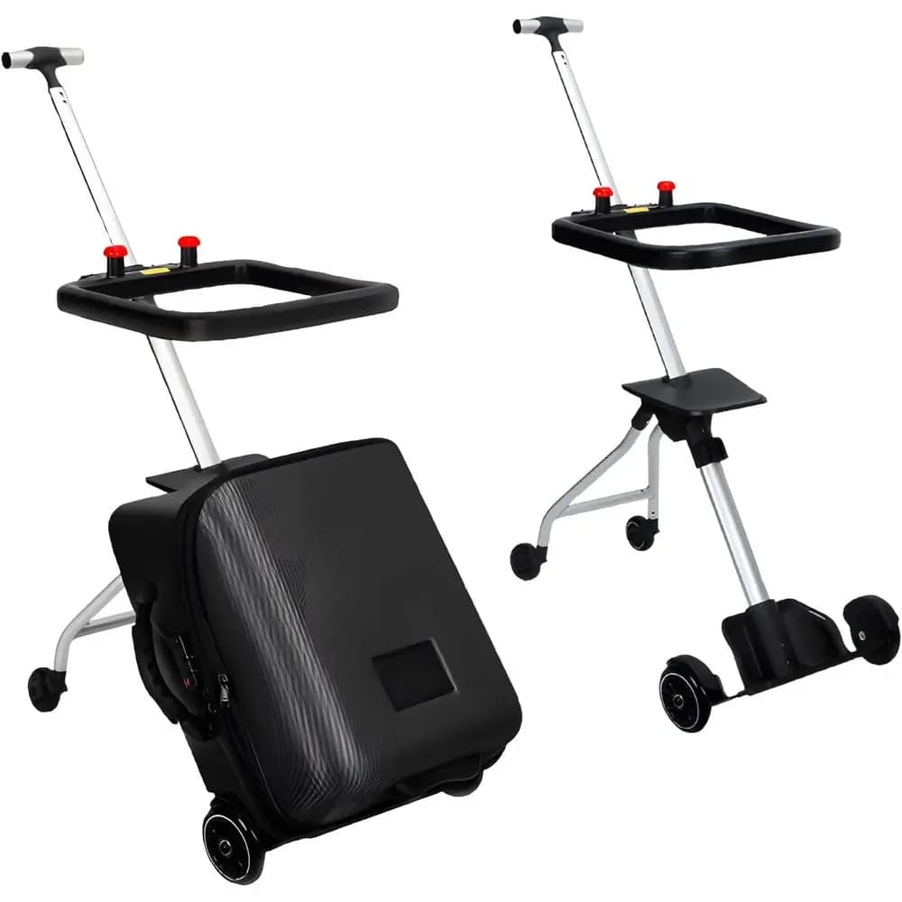 20 Kids Ride-On Luggage with Detachable Seat, 2-in-1 Trolley & Stroller, Travel Toy Storage Box, Black