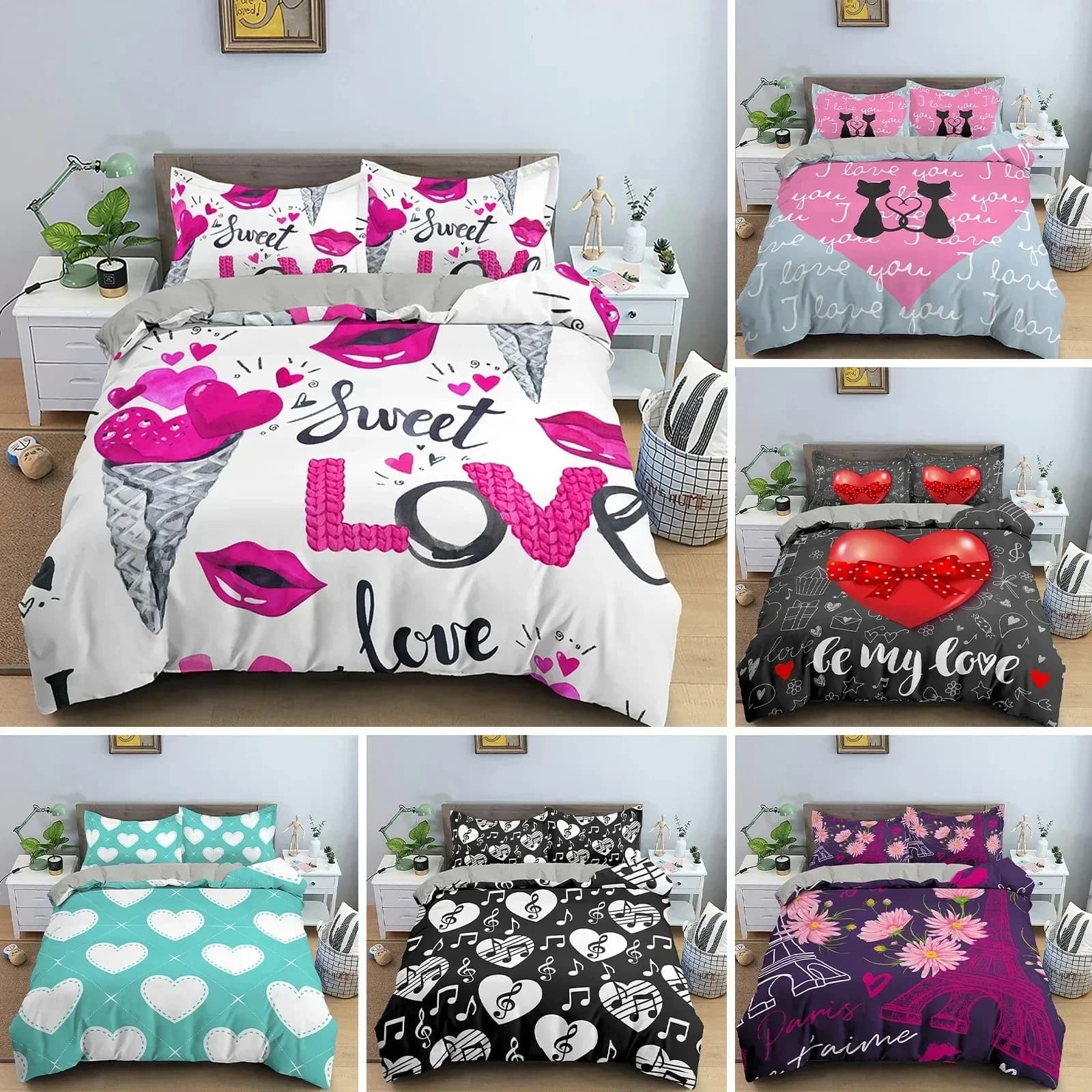Set Copripiumino 3D Cuore d'Amore con Torre di Parigi, Set Biancheria da Letto, Tessili per la Casa, Set Letto Morbido Misura Queen/King per Bambini