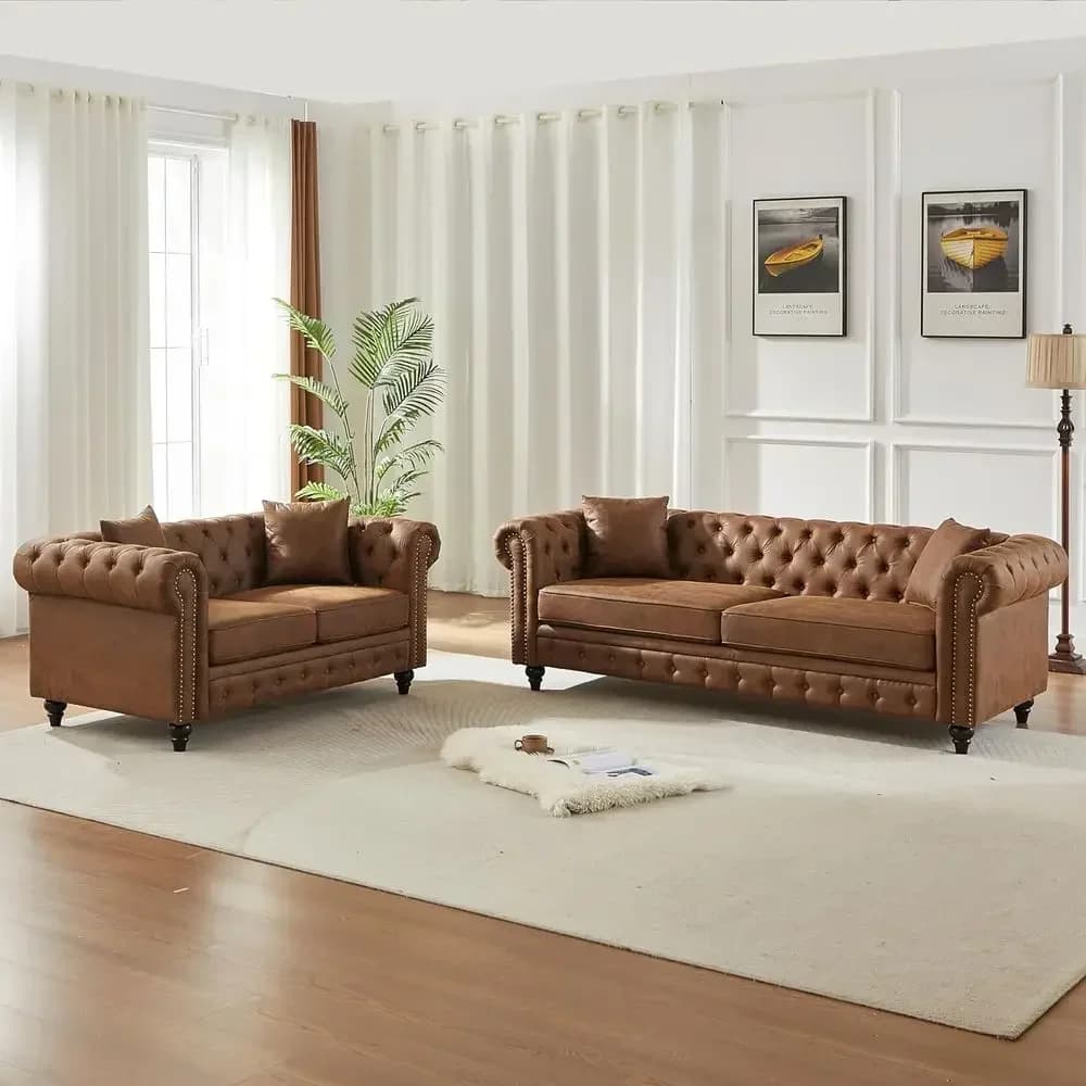 Brown 2-Piece Fabric Living Room Sofa Set: 3-Seater Sofa & Loveseat with Button Tufted and Copper Nail Trim Accents, Pillows Inc