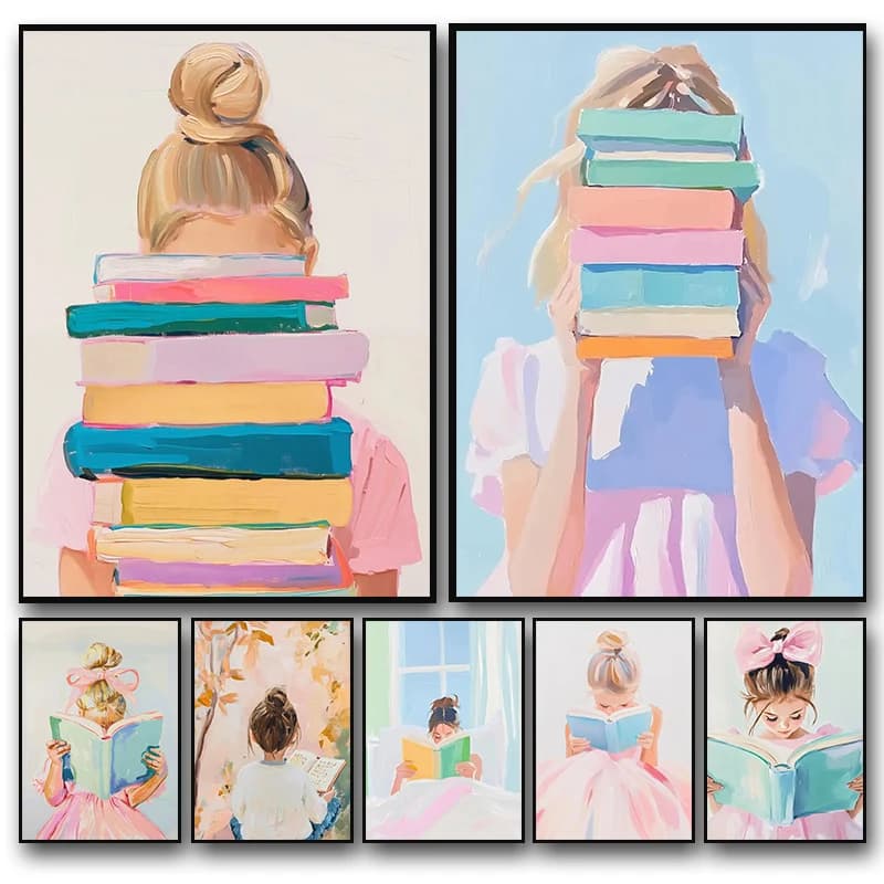 Cute Blonde Girl Reading Book Painting Art Poster Canvas Modern Printed Mural Living Room Girl's Bedroom Home Decoration Gift
