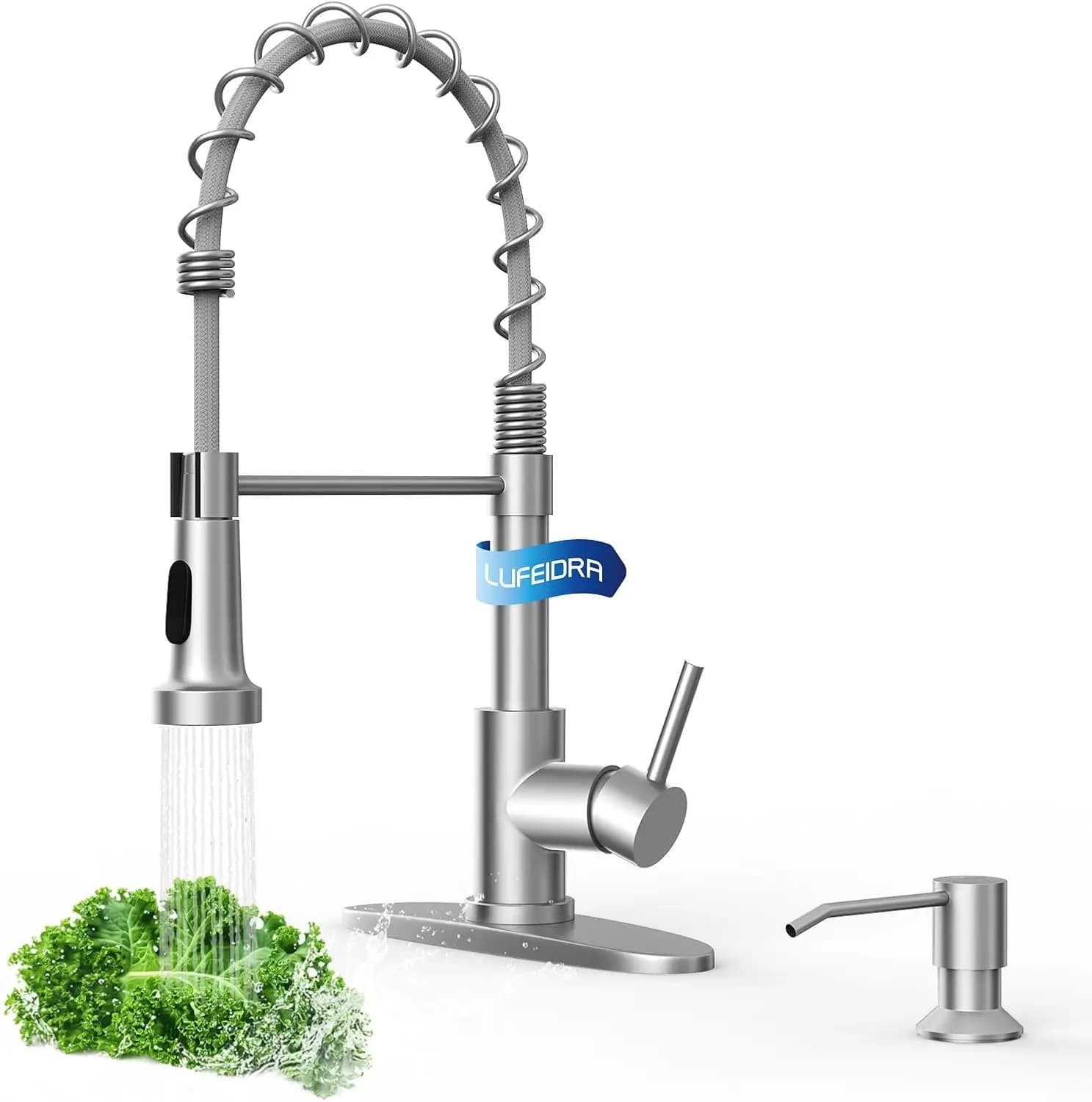 Rubinetto da cucina ad arco alto con doccetta estraibile, dispenser sapone, in acciaio inossidabile 304 per cucina rustica, camper e bar umido