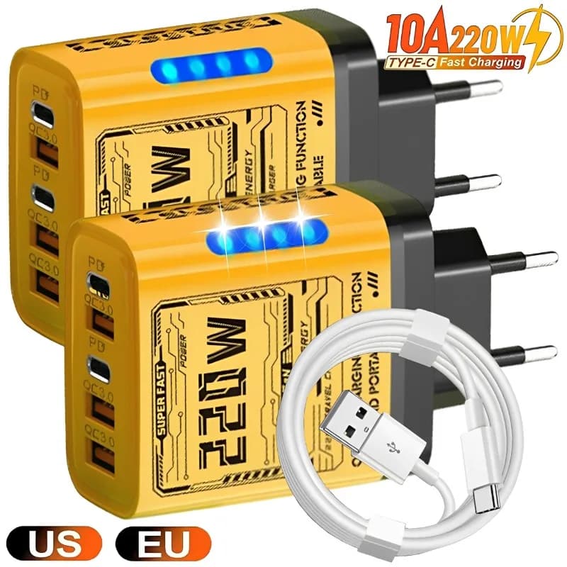 220W 5-in-1 GaN Fast Charger Desktop Power Adapter 2PD 3USB Ports for iPhone Samsung Xiaomi Tablet EU/US Plug USB C Charger