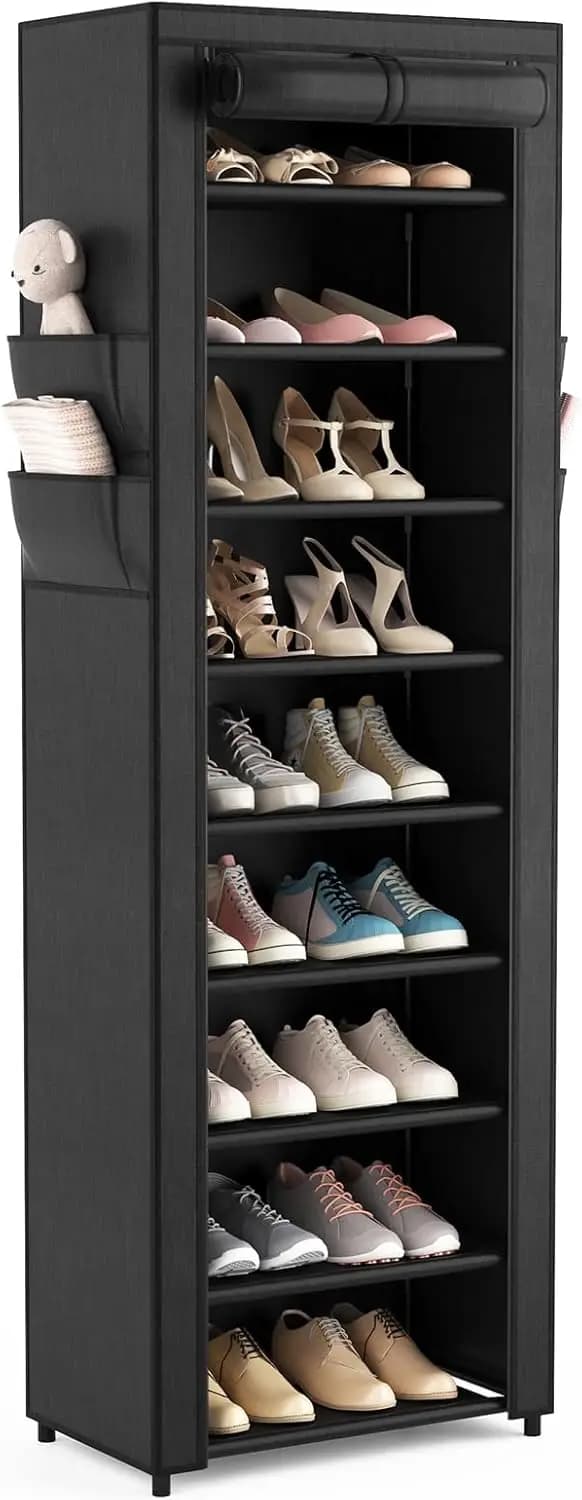 Scarpiera a 10 livelli con copertura e 4 tasche, contiene 18-22 paia di scarpe e stivali per armadio, ingresso, garage