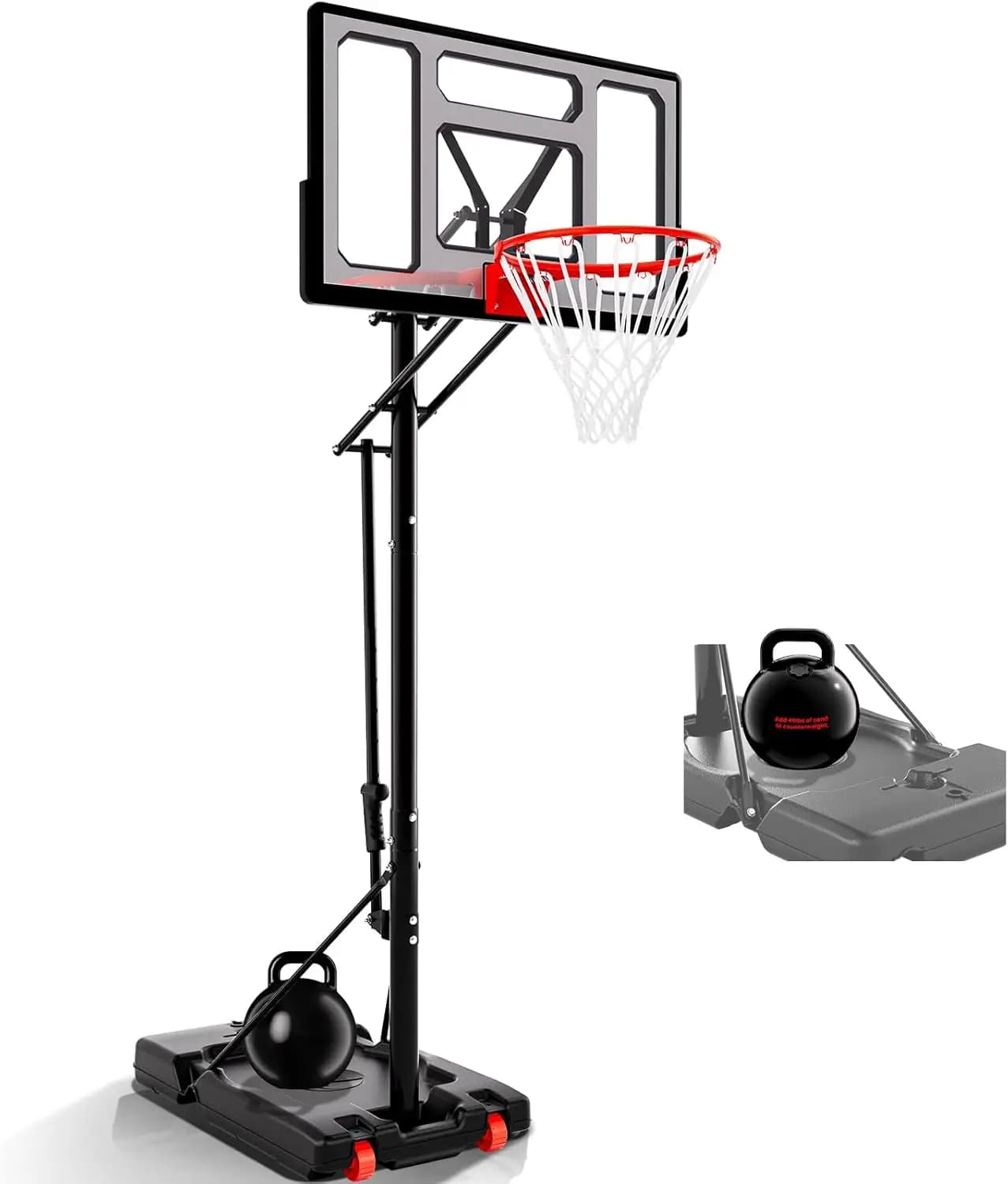 Canestro da Basket Portatile 40/44/48 Pollici, Altezza Regolabile 5.5-10 Piedi con Ruote per Adulti