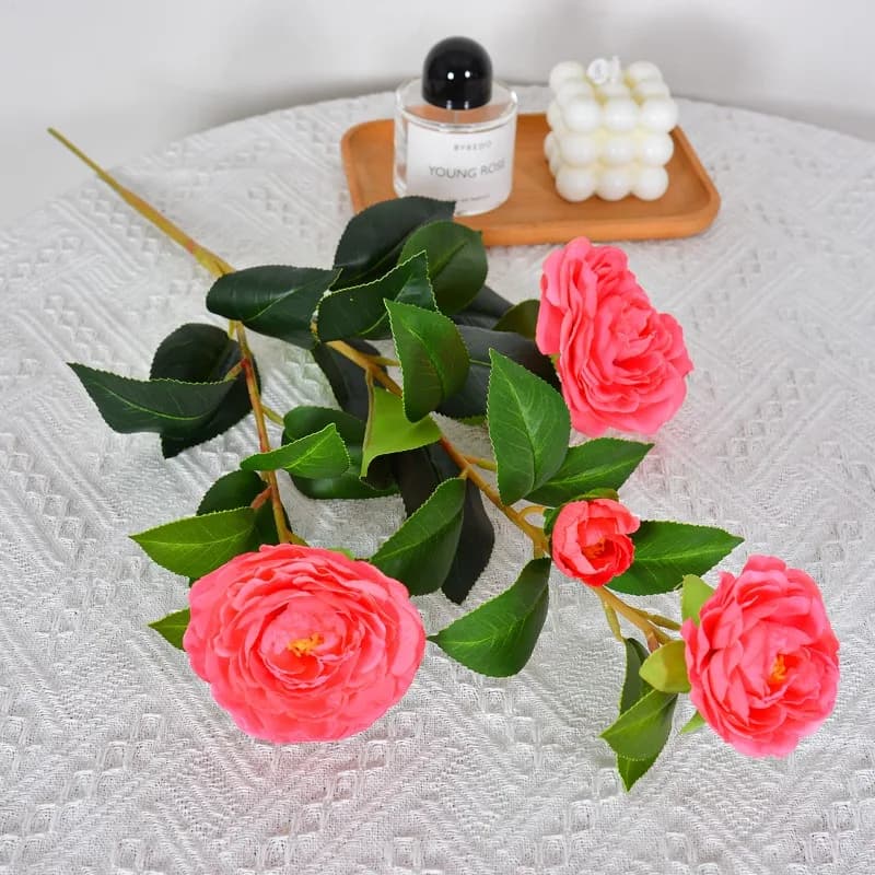 10pcs Artificial 4 Heads Camellias Branch Silk Fake Flowers Festival Party Decoration Red Camellia Plant Simulation Flower