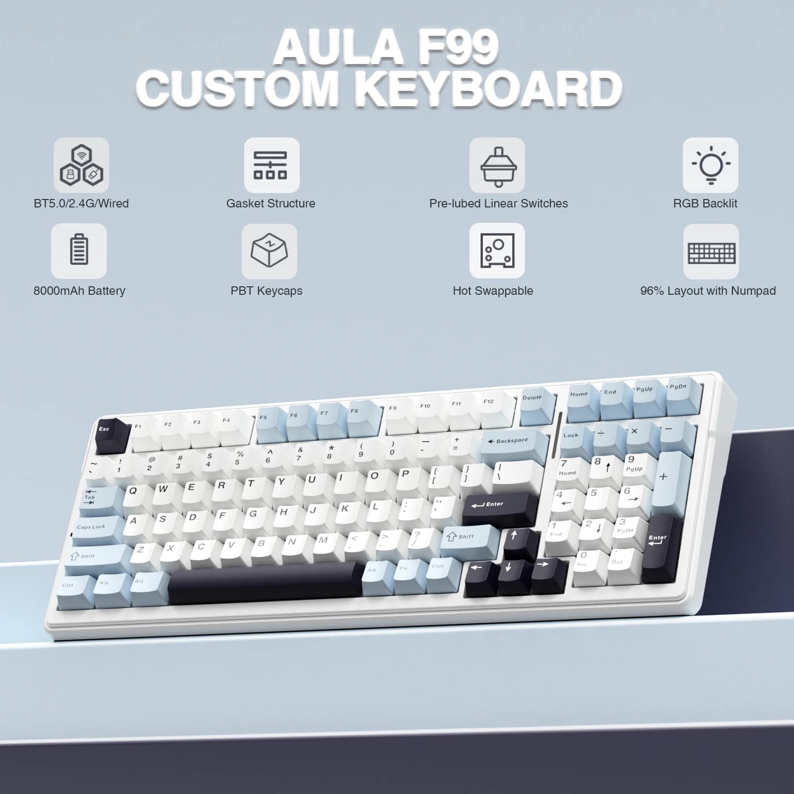Tastiera meccanica AULA F99 Bluetooth 5.0/2.4G tastiera da gioco montata su guarnizione Wireless/cablata 99 tasti tastiere personalizzabili