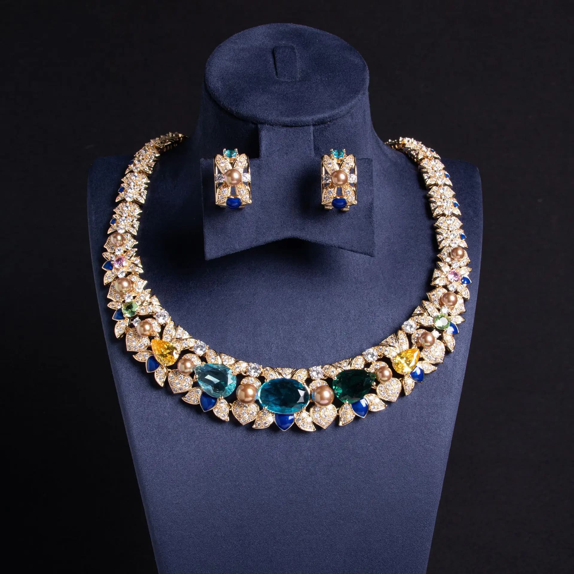 Hip Hop Collana di perle colorate con zirconi Orecchini Set di gioielli da donna Festa di nozze da sposa con accessori per abiti M-279