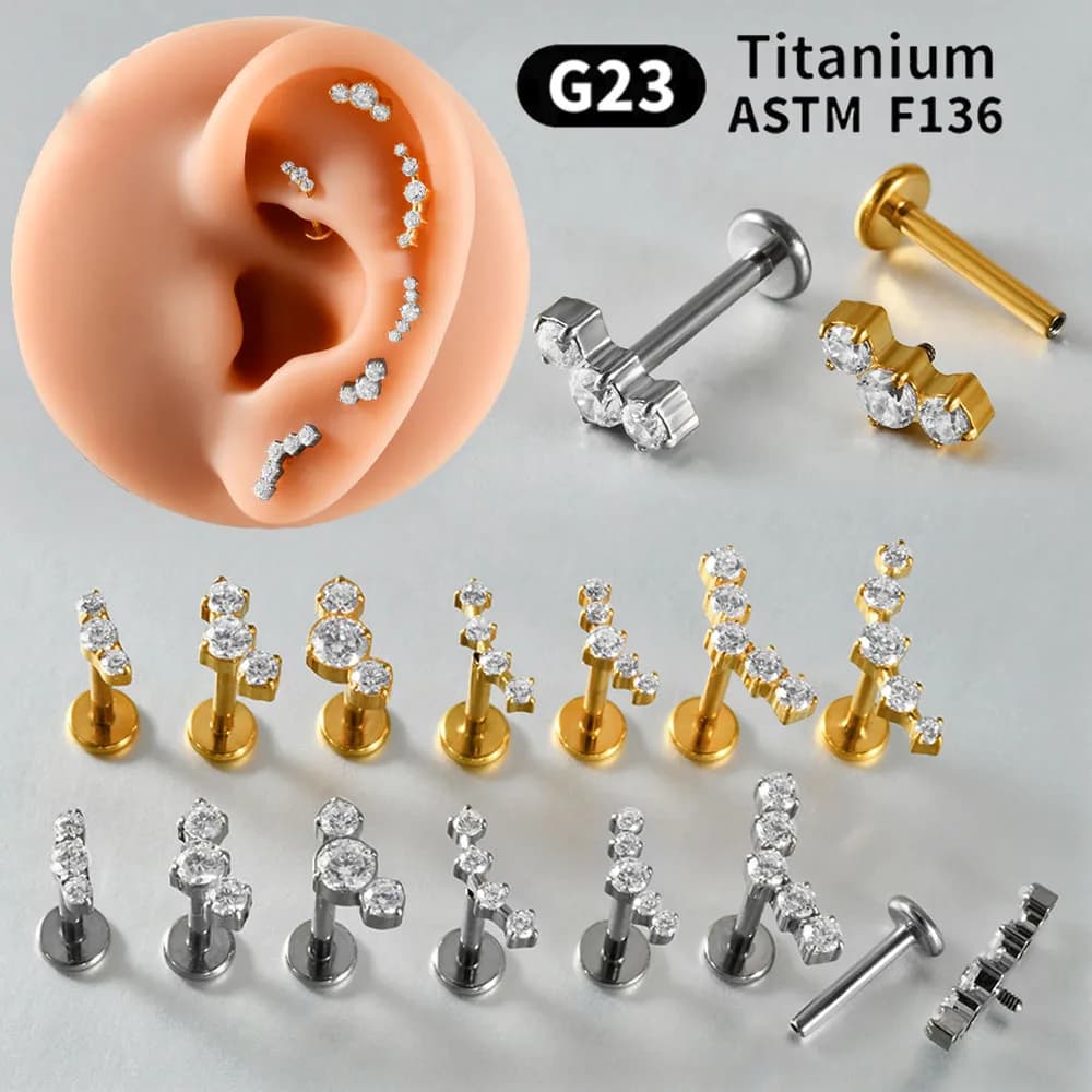 1PC G23 Titanium Clear CZ Gem Labret & Lip Stud Internal Thread Curved Tragus Cartilage Helix Earrings Body Piercing Jewelry 16G