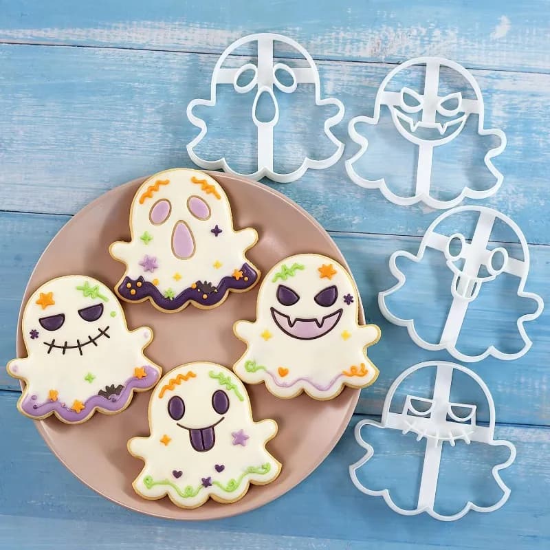 4Pcs Halloween Ghost Cookie Cutter Mold Cute Ghost Face Embossing Mould DIY Fondant Playdough Cutter For Party Baking Decoration