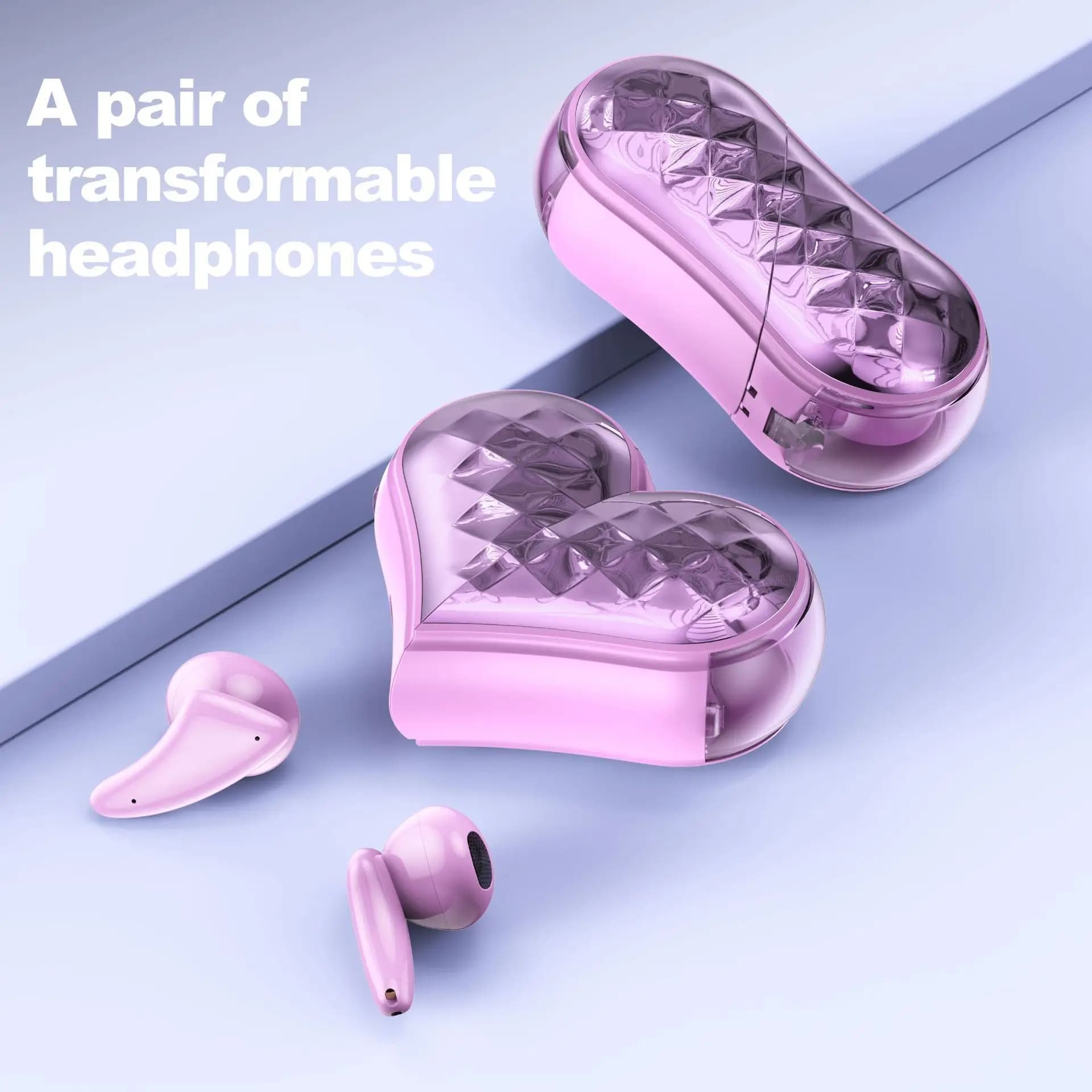 Bluetooth5.3 Wireless Heart Shaped Rotating Headphones 2 in 1 Chargers with ENC Noise Reduction For Girls Gift