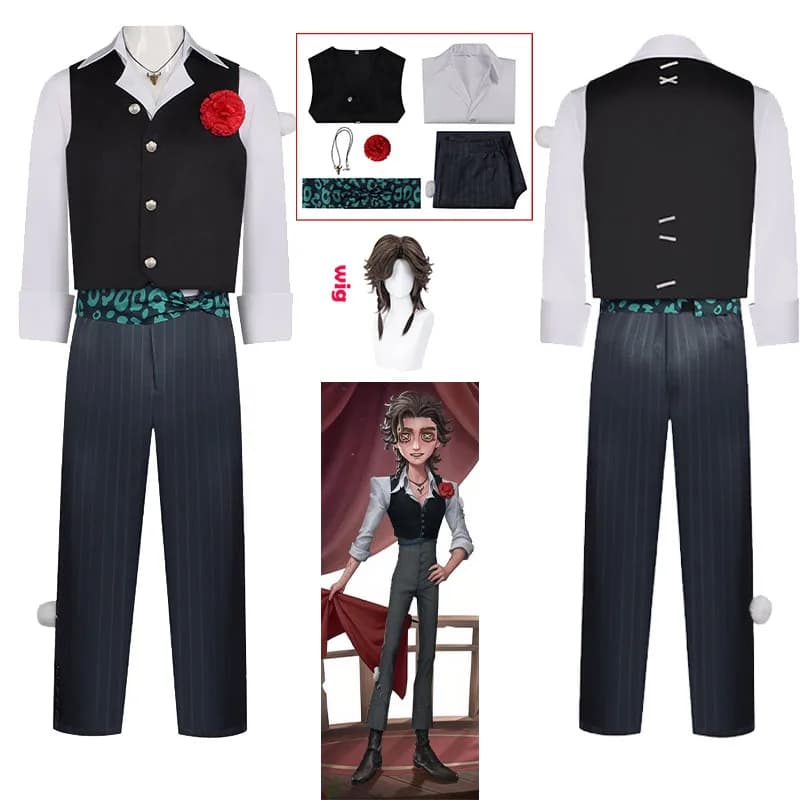 Costume Cosplay WHH Anime Game Identity V Matador Hernando Romero con Parrucca, Gilet, Pantaloni, Collana e Fiore - Outfit Uomo per Halloween e Giochi di Ruolo