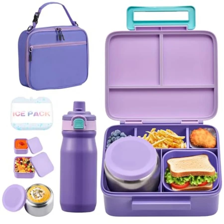 Contenitore per Pranzo Bento con Thermos per Zuppa da 8oz, Contenitori Ermetici per Alimenti con Borsa Termica a 5 Scomparti e Thermos da 17oz
