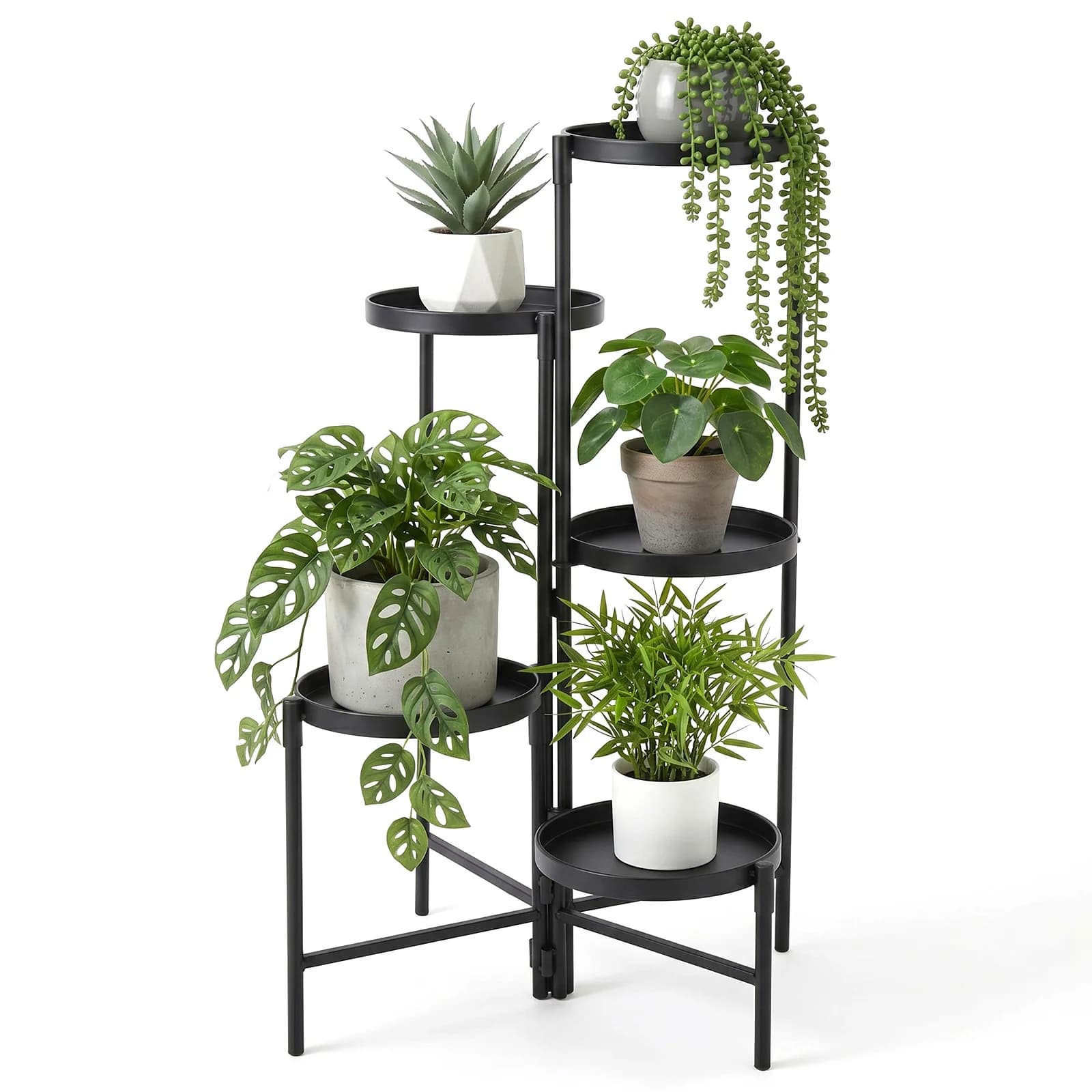 5 Tiered Large Plant Stand Indoor with Metal Tray Plant Shelf Corner Folding Metal Flower Pot Stands for Patio Porch Living Room