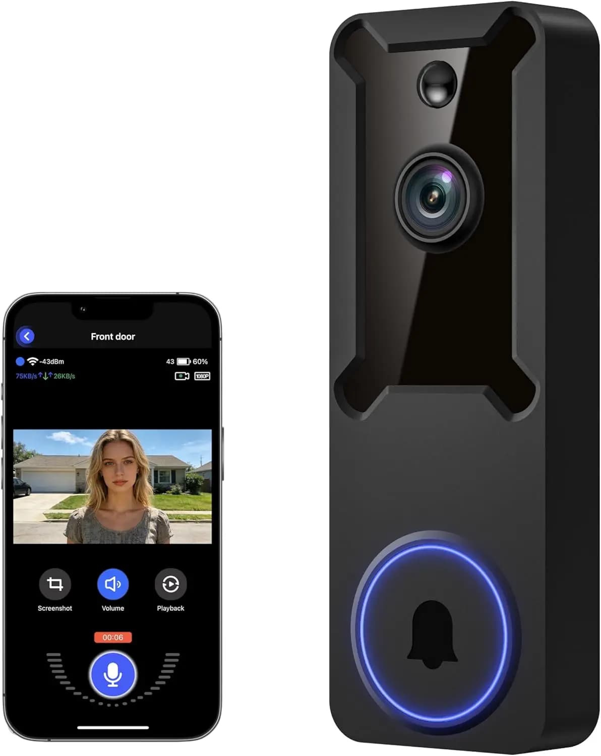 Campanello Video Wireless con Rilevamento del Movimento AI, Visione Notturna, Audio Bidirezionale, Archiviazione Cloud per Sicurezza Interna ed Esterna