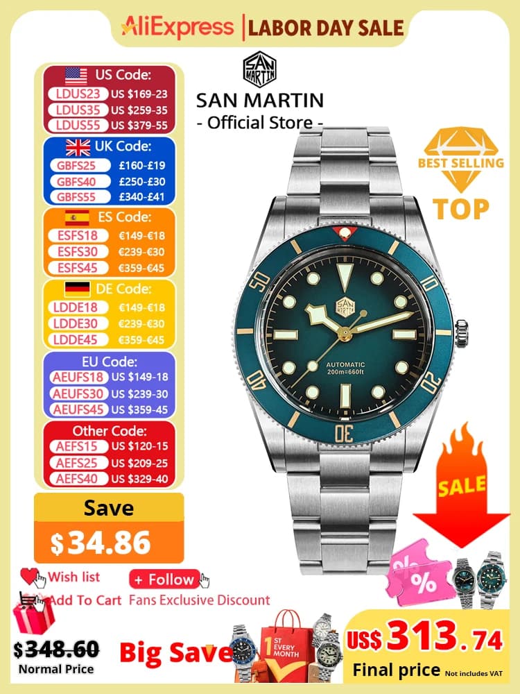 San Martin Nuovo Orologio Subacqueo Vintage BB54 da Uomo 37mm, Movimento Automatico ST2130, Vetro Zaffiro, Luminoso, Impermeabile 200m SN0138
