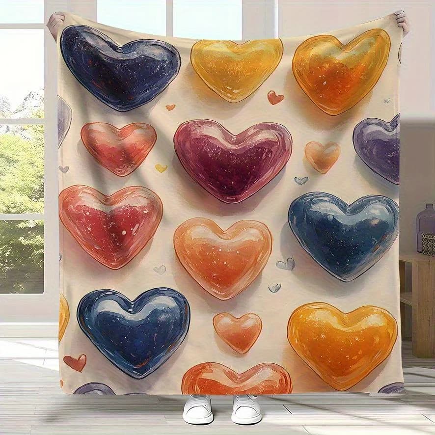 Dreamy and colorful heart-shaped pattern Flannel printed blanket suitable for all seasons for living room office sofa and travel