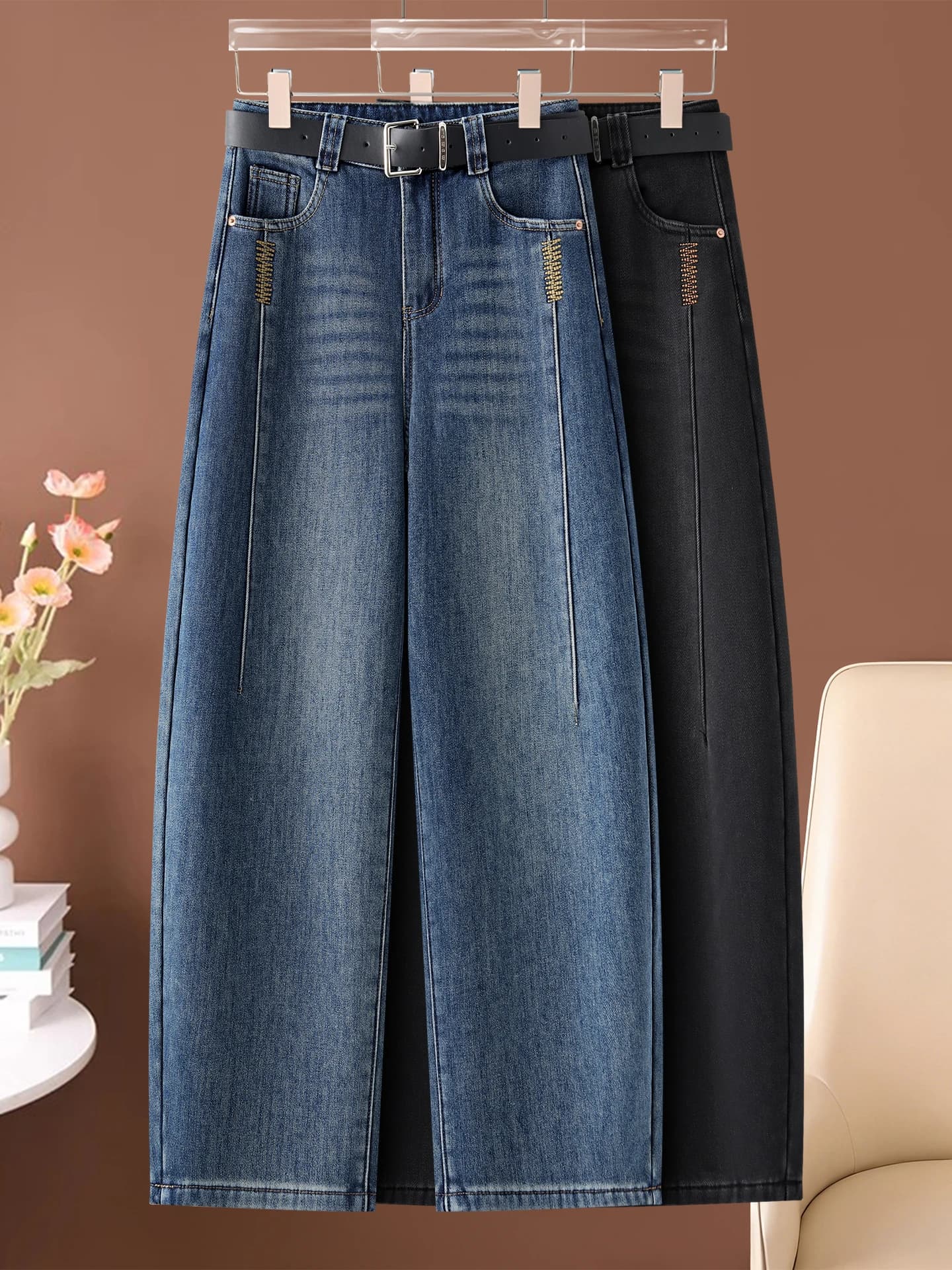 Jeans in denim a vita alta e gamba larga da donna, nuova moda primavera autunno inverno, popolari, a vita alta, snellenti, a nove punti, in pile, modello banana.