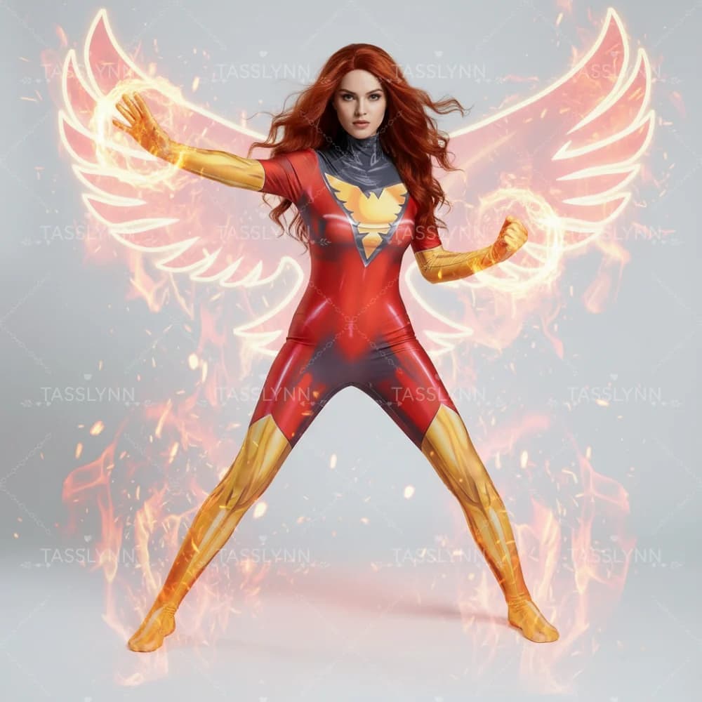 Dark Phoenix Jean Grey Cosplay Zentai Bodysuit Flame Jumpsuit Superhero Full Body Costume For Comic Con Halloween Photoshoot