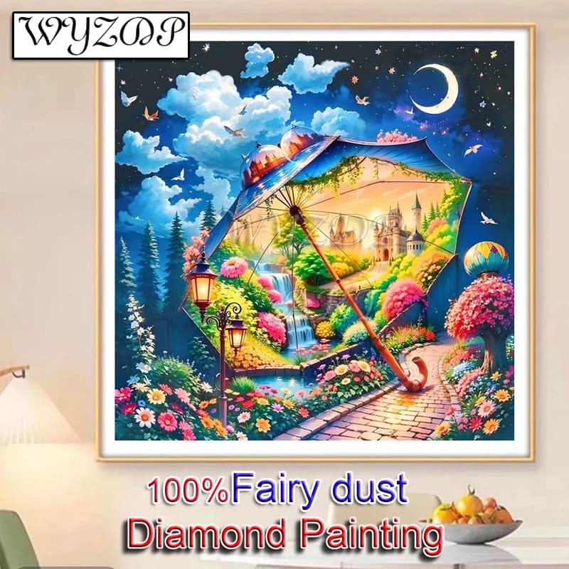 100% Fairy Dust Diamond Painting Kit Scenery in the Umbrella Square Mosaic Embroidery Landscape Diamond Art Full Crystal Docer