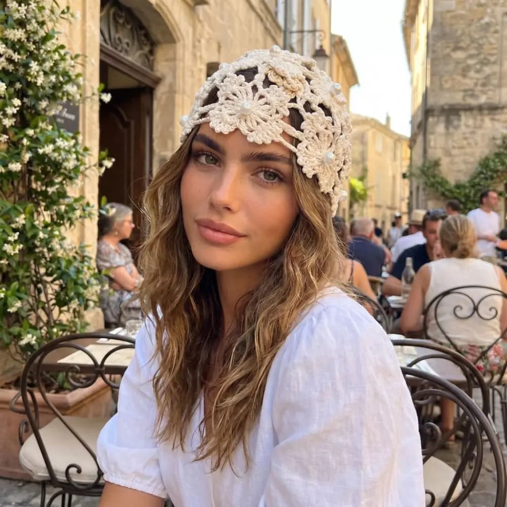 Casual Elegant Hollowed Out Knitted Hat Pearl Thin Crochet Sequined Hat Flower Korean Bohemian Style Beanies Girls
